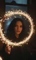 woman with sparklers standing near window in dark room
