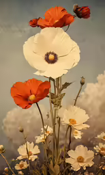 multiple white and orange flowers are in the grass