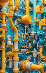 pipes and valves on a blue wall with blue paint