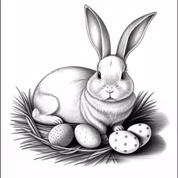 the black and white drawing shows an image of a rabbit laying on eggs,a drawing of an rabbit sitting next to some eggs