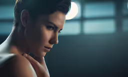 a woman in a dark room with a glowing background