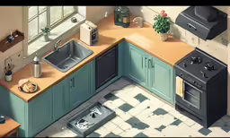 a painting of a small kitchen with green cupboards