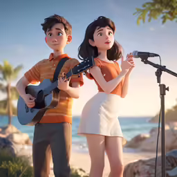 a boy and girl singing into microphones while the girl plays the guitar
