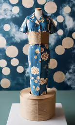 a mannequin wearing a blue floral dress