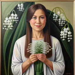 a painting of a girl holding a plant,a painting of a girl holding lily of the valley in her hands,a painting of a woman holding lily of the valley flowers,a painting of a girl holding a flower,the painting shows a woman holding white flowers