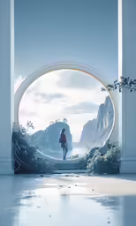 an arched doorway with a woman looking out into the ocean