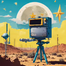 a video camera in the desert with a bright background,a photograph with an open camera set on a tripod
