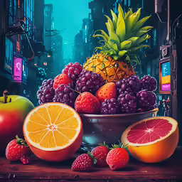 a bunch of fruits are sitting in the center of a table