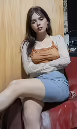a girl posing for a photo in a t - shirt and skirt