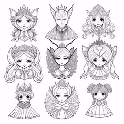 a group of nine different princesses and mythical creatures in cartoon style,cute little elves coloring pages that are great for kids