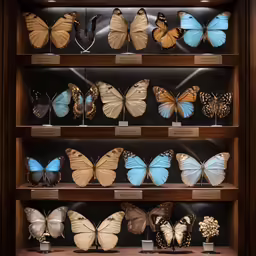 many different butterflies on display in a case