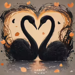 two black swans form the shape of a heart