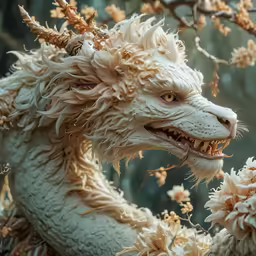 a painting of a wolf in a tree filled with flowers