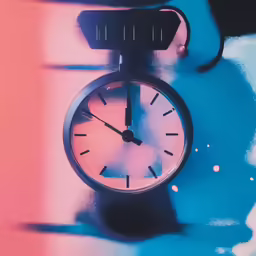 a colorful clock hangs against a pink, blue and turquoise background