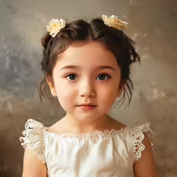 an adorable little girl in a white dress looking at the camera