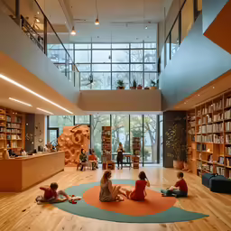 a large room has several children and books in it