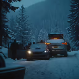 two cars parked next to each other in the snow
