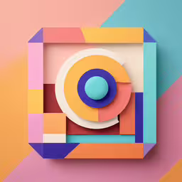 a photograph taken on the wall with a paper origami circle,an art work with geometric design on a pink, yellow and blue background