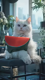 a white cat with blue eyes and a watermelon slice on a chair