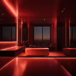 a living room with red lighting and furniture