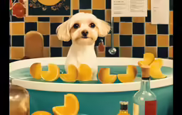 the puppy is getting his paw taken in the bathtub