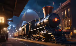 train on the tracks at night in the city,an old train stopped at a train station