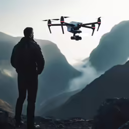 a person looking at a flying device near mountains