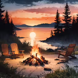 a fire pit with chairs, and the sun setting,an empty bench sitting in front of fire pit