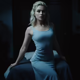 a blonde woman in tight blue clothing sitting on a bed