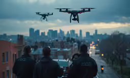 three men stand in front of a building watching an overhead photo