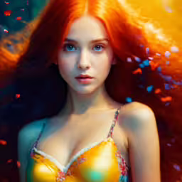 the girl with long red hair is wearing a yellow bra