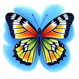 an artistic painting of a butterfly,a butterfly painted in orange, yellow, and green,a butterfly painting on paper with blue background,a painting of a colorful butterfly on a white surface,a brightly colored butterfly flying in the air