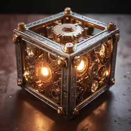 a metal cube that has gears inside of it