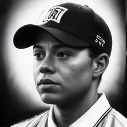 a man with a baseball cap looks at the camera