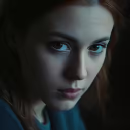 a woman with blue eyes stares at the camera