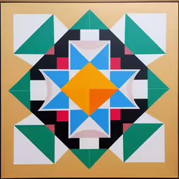 a geometric art work on display in a frame,a picture of a abstract pattern that is made up of blocks and triangles,a painting with green, red, blue, and yellow squares and triangles,a picture of abstract art with a colorful background,an art work is in the shape of a geometrical figure