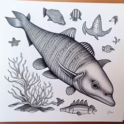 an ocean scene with fish, plants and other things