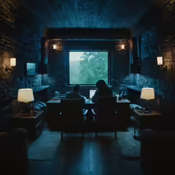 people are sitting at a table in a dark room