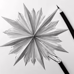 the pen and ink on the paper is pointed toward an upside down drawing