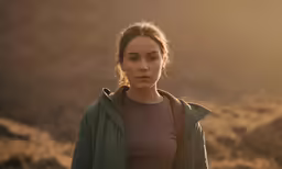 there is a woman in the woods staring ahead