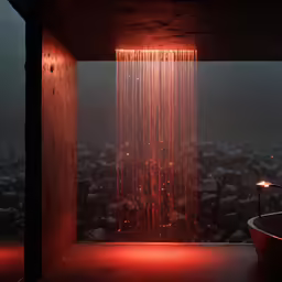 a lit shower next to a bathtub with the lights on