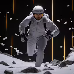 a person wearing a gray jacket is skiing in snow