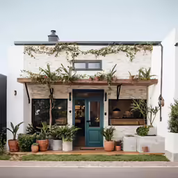 the front view of a house with potted plants