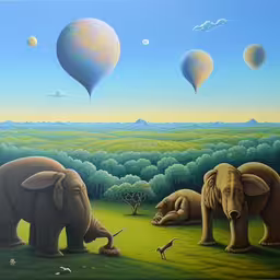 a painting of a field with balloons and animals,an art painting depicting elephants in front of a balloon,artwork work with elephants and birds in the field,elephants are laying in the grass by balloons,a painting of elephants and balloons on display