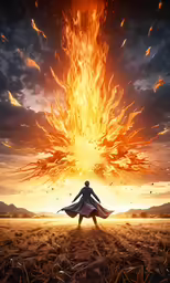 man in cape stands in front of a large fireball