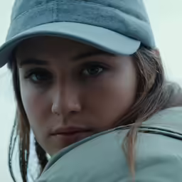 woman in grey jacket and hat staring into camera