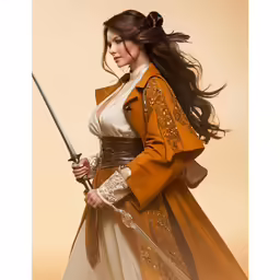 an attractive woman with a sword and a dress