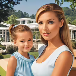 a mother and her daughter posing in front of a home