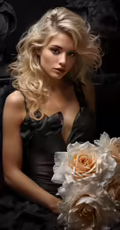 a woman with flowers in her hand, dressed in black