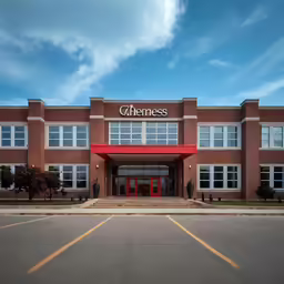 an open parking lot in front of a large red building